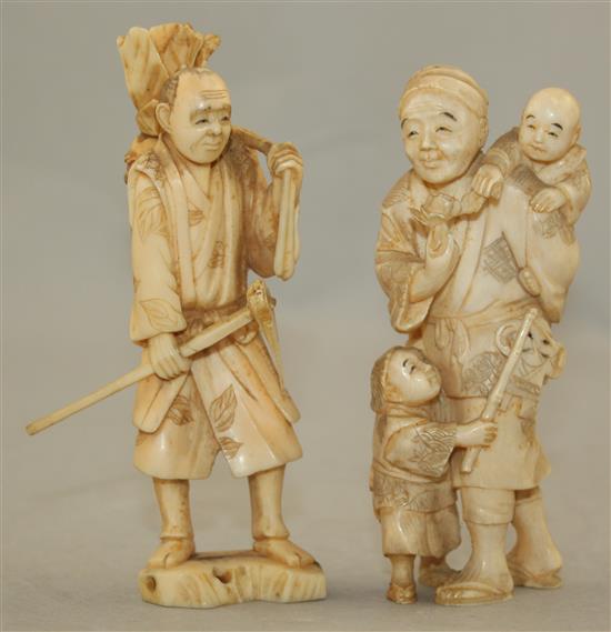 Three Japanese ivory groups of figures, early 20th century, 22cm., latter with wood stand